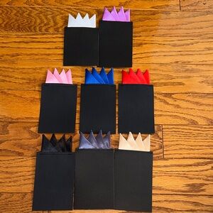 New in Packaging Set of 8 Colorful Satin Pocket Squares sewn on cards